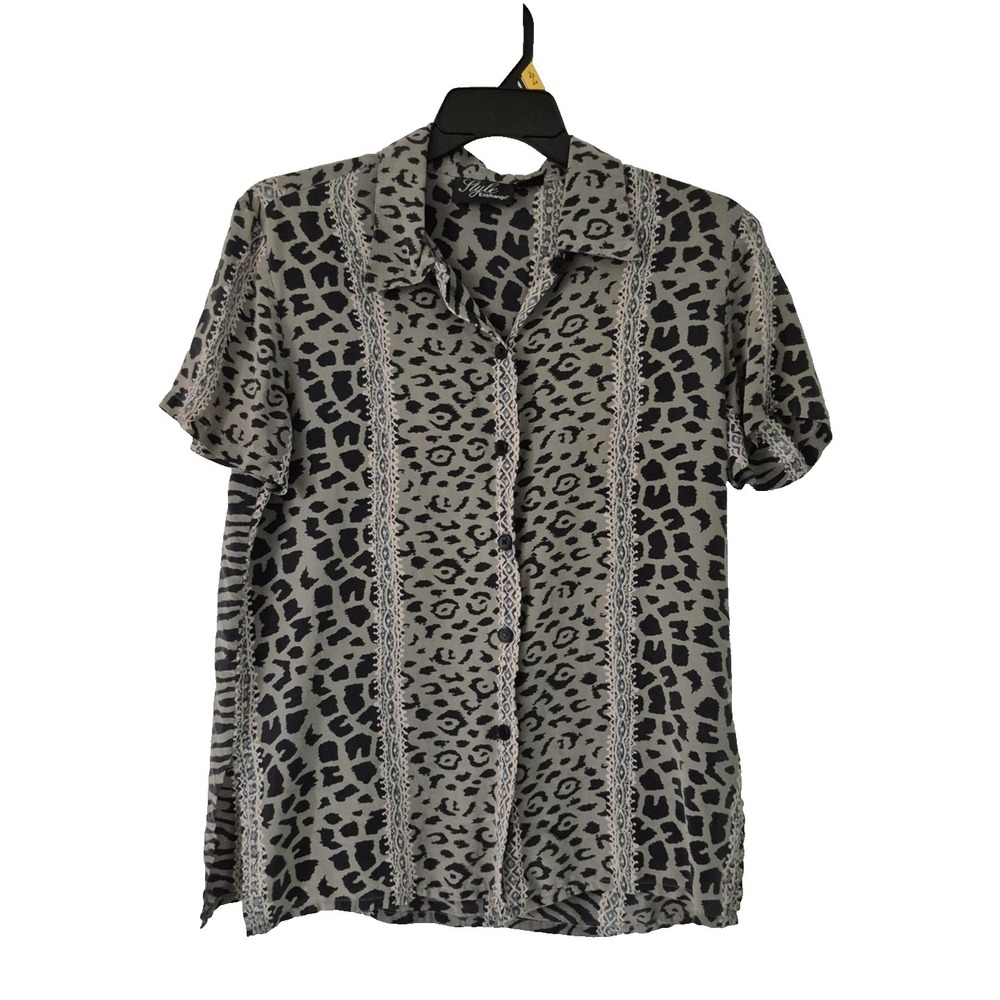 Style Exchange Blouse Womens L Gray 100%‎ Silk Leopard Print Short Sleeve Top